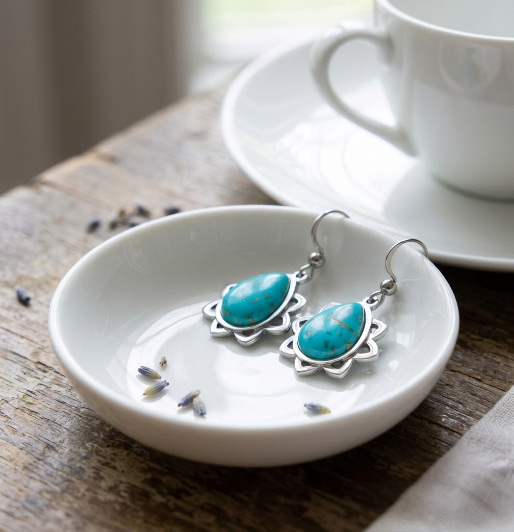 Turquoise Teardrop Lotus Dangle Earrings