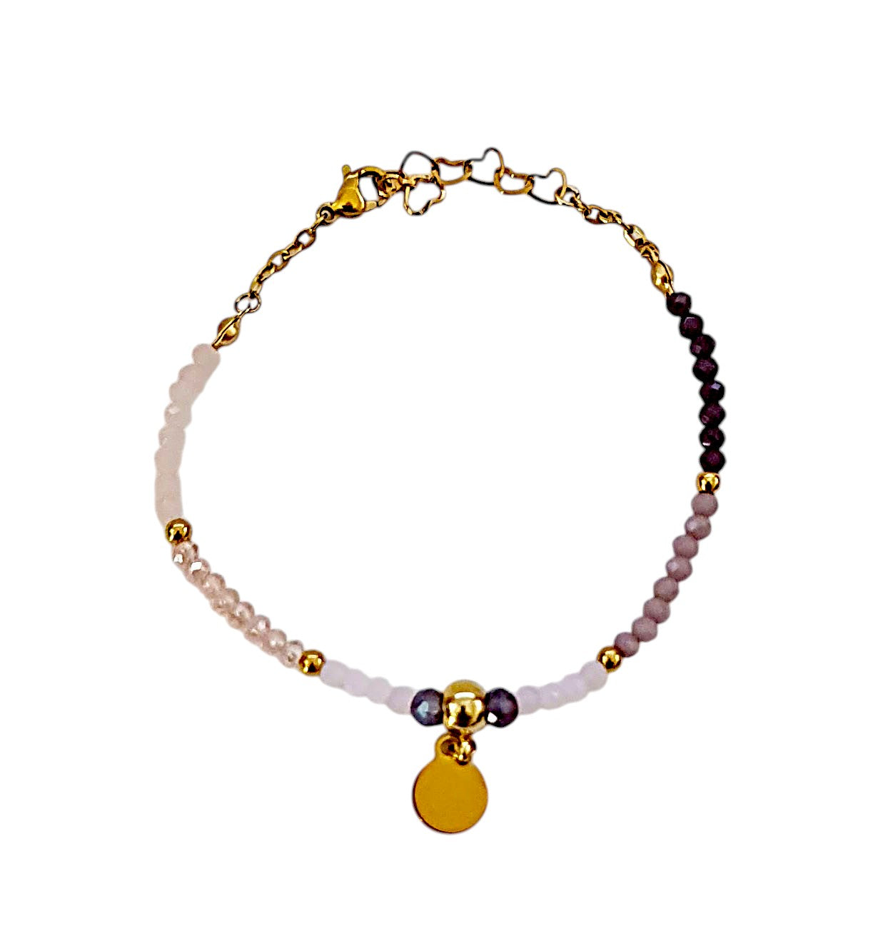 Stainless steel bracelet with colorful crystals and round design.