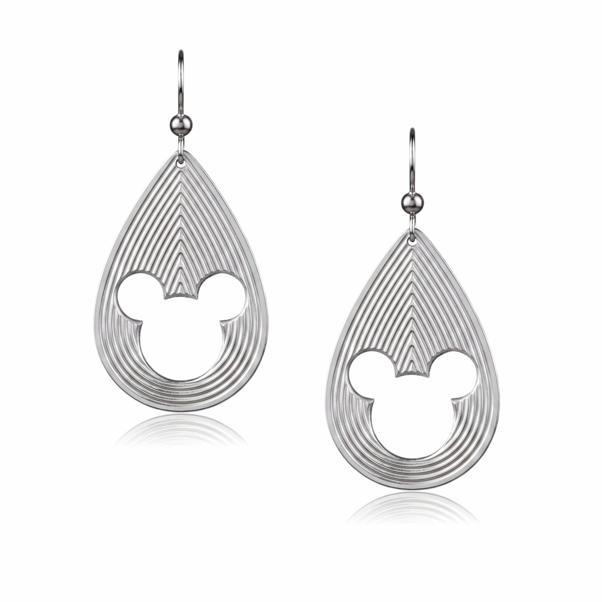 Mickey Mouse earrings with layered teardrop lines and 3D style.