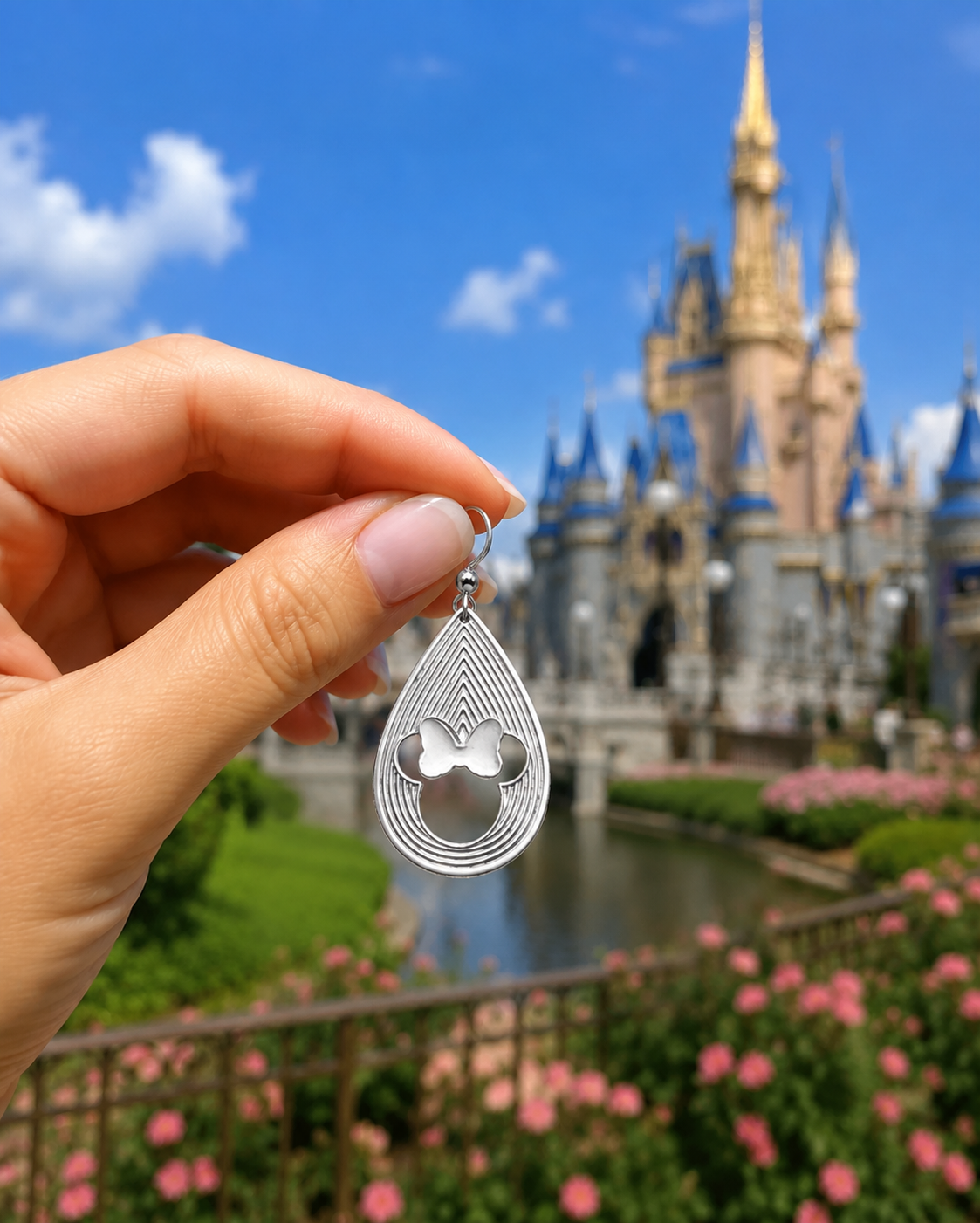 Minnie Mouse earrings with layered teardrop lines and 3D style.