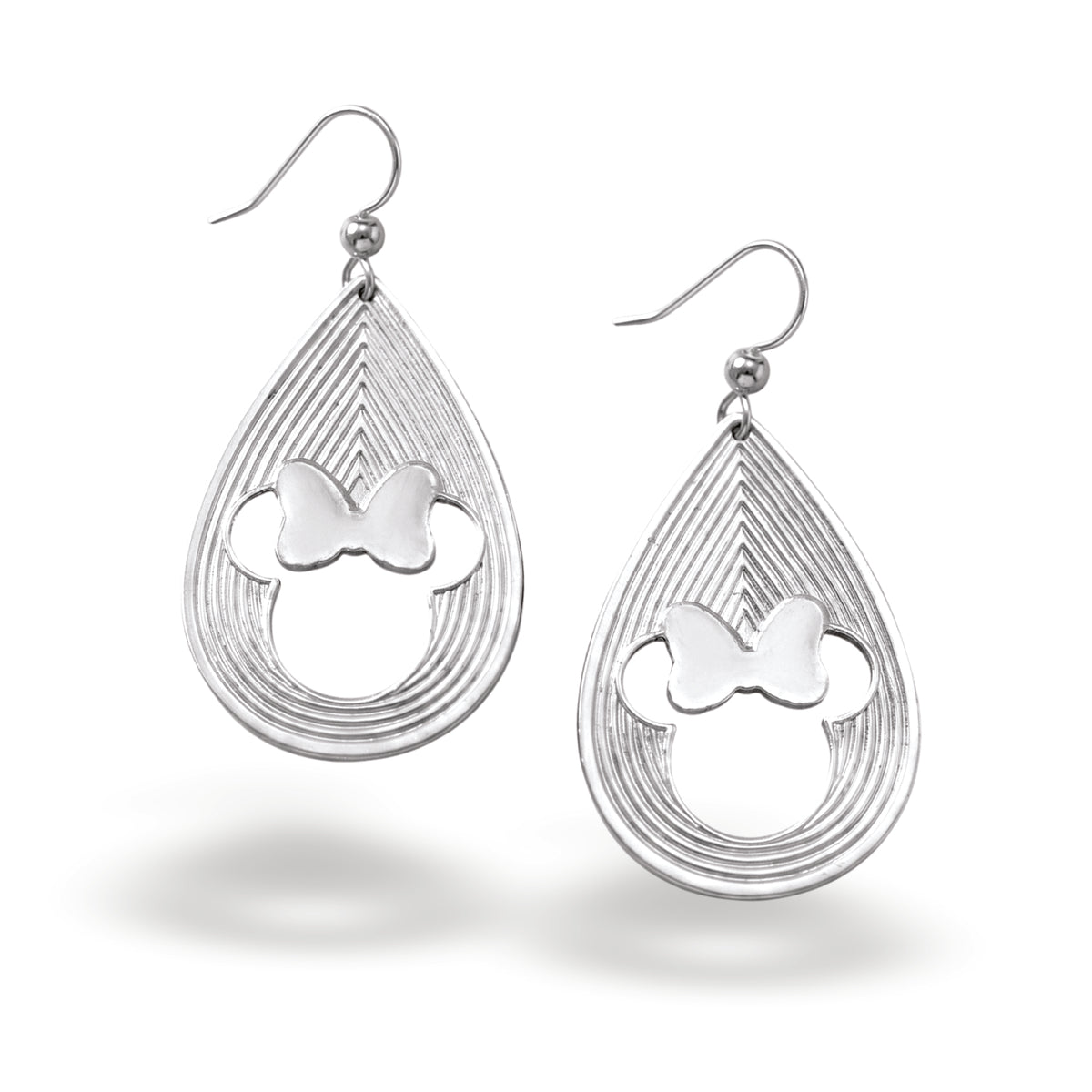 Minnie Mouse earrings with layered teardrop lines and 3D style.