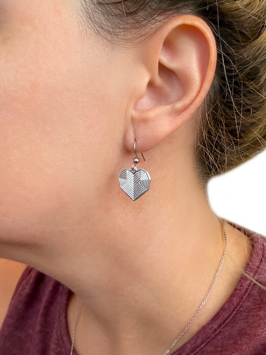 3D Geometric Heart Dangle Earrings