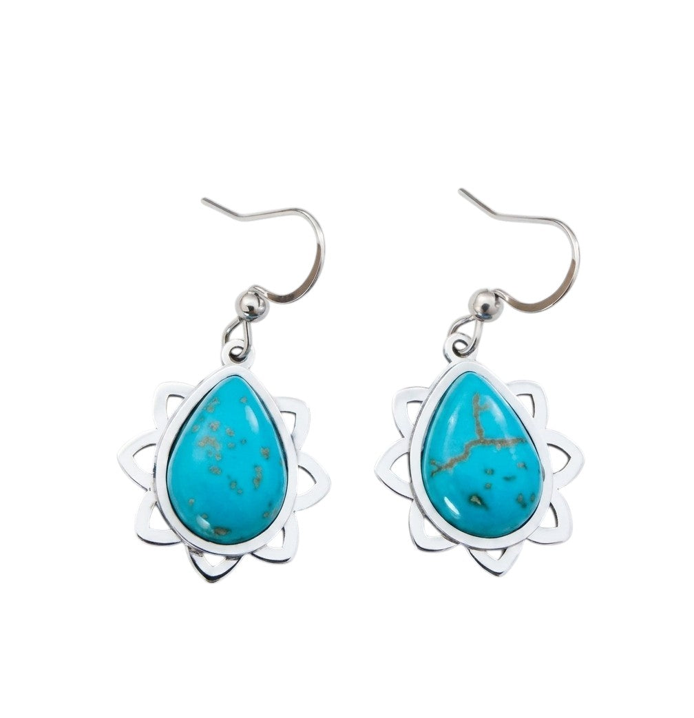 Turquoise Teardrop Lotus Dangle Earrings