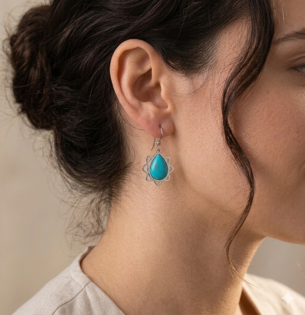 Turquoise Teardrop Lotus Dangle Earrings