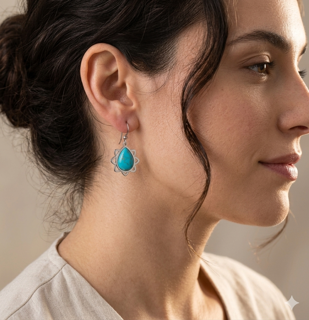 Turquoise Teardrop Lotus Dangle Earrings