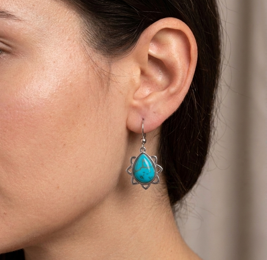 Turquoise Teardrop Lotus Dangle Earrings