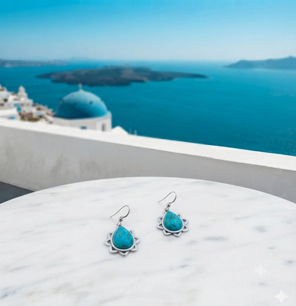 Turquoise Teardrop Lotus Dangle Earrings
