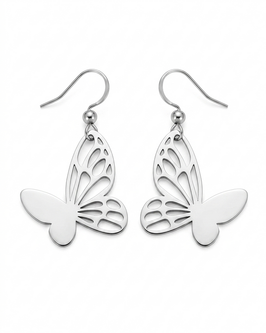 Delicate Silver Butterfly Wing Drop Earrings