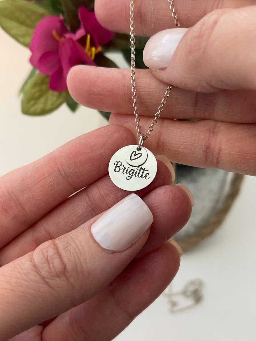Personalized  Disc Necklace with Heart Charm