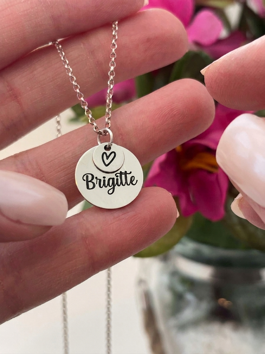Personalized  Disc Necklace with Heart Charm
