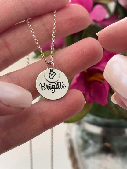 Personalized  Disc Necklace with Heart Charm